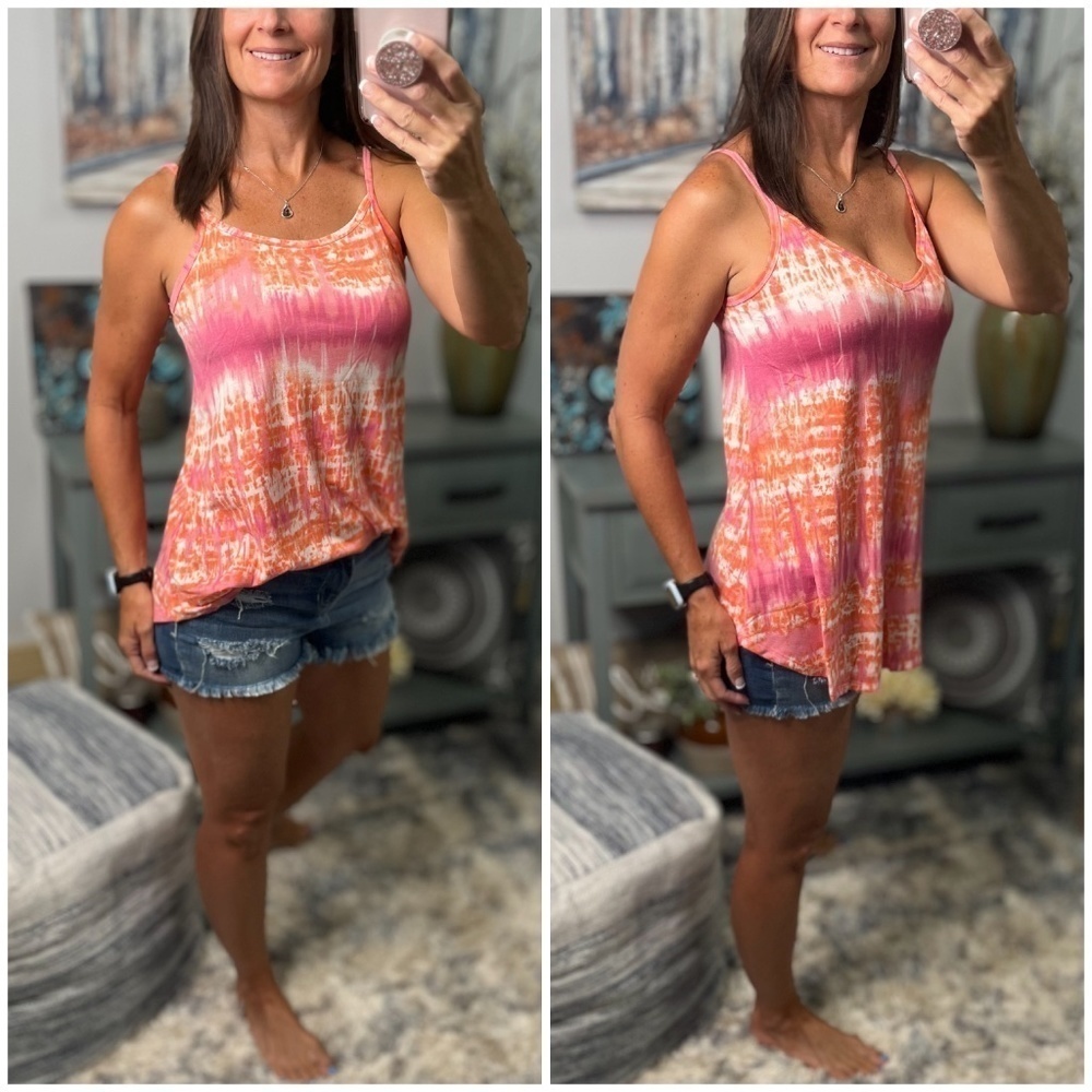 Reversible Tie Dye Scoop V-Neck Summer Spaghetti Strap Tank Coral Pink 0323